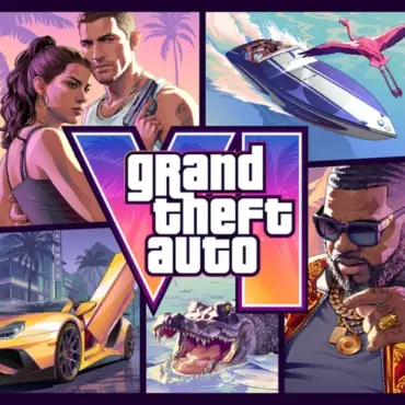 Grand Theft Auto VI collage featuring protagonists, sports car, speedboat, helicopter and alligator with logo